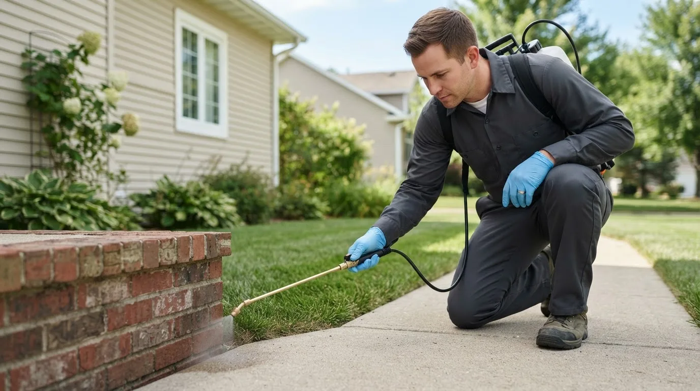 Pest control technician treating a home near Alger, OH