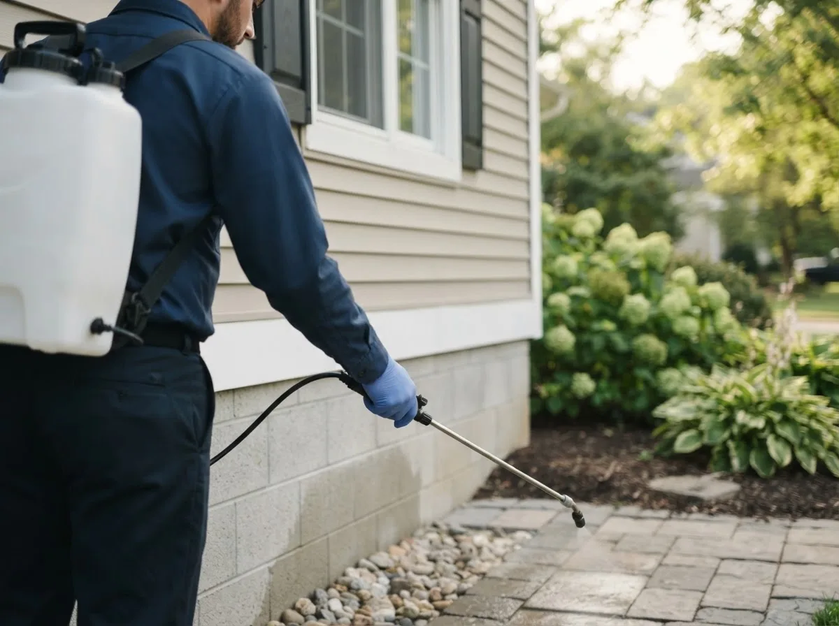 Pest control technician inspecting a home in Alger, OH